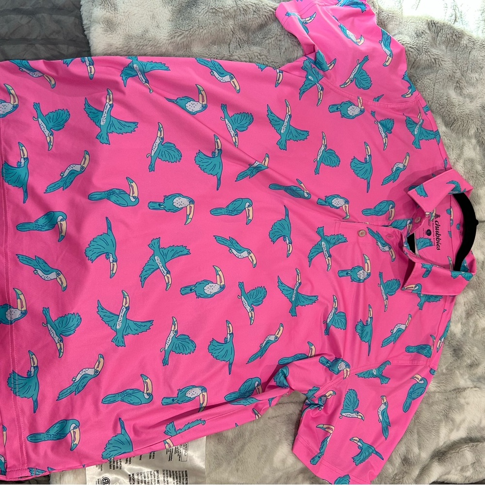 Chubbies Vibrant Pink polo with Blue Bird Pattern